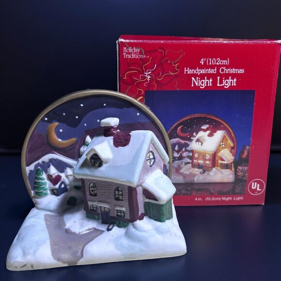 Handpainted Holiday Traditions Christmas Night Light 4 Inch Snowy Village Scene - Picture 2 of 9